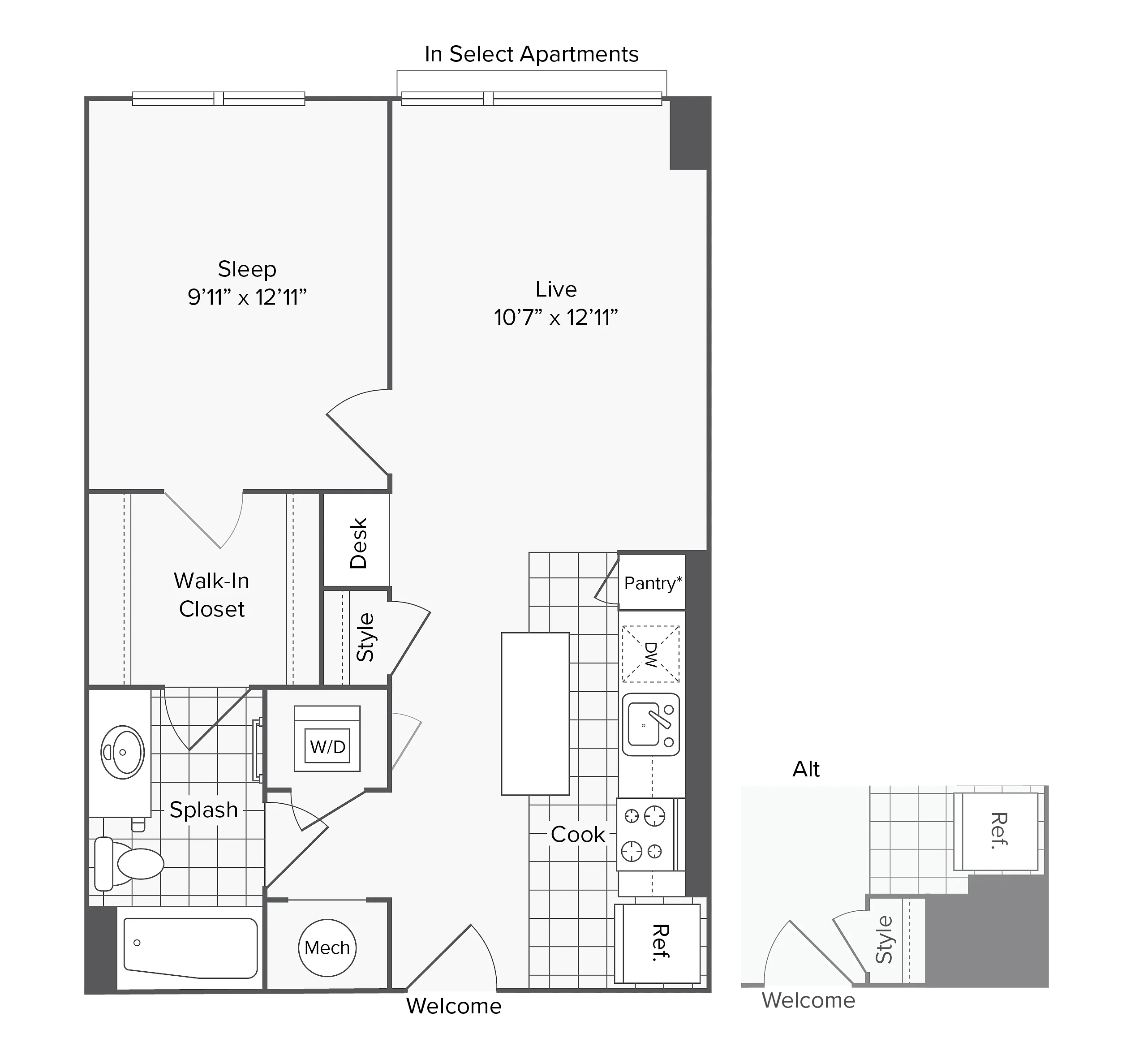 1 BR X 1 BA - F floor plan