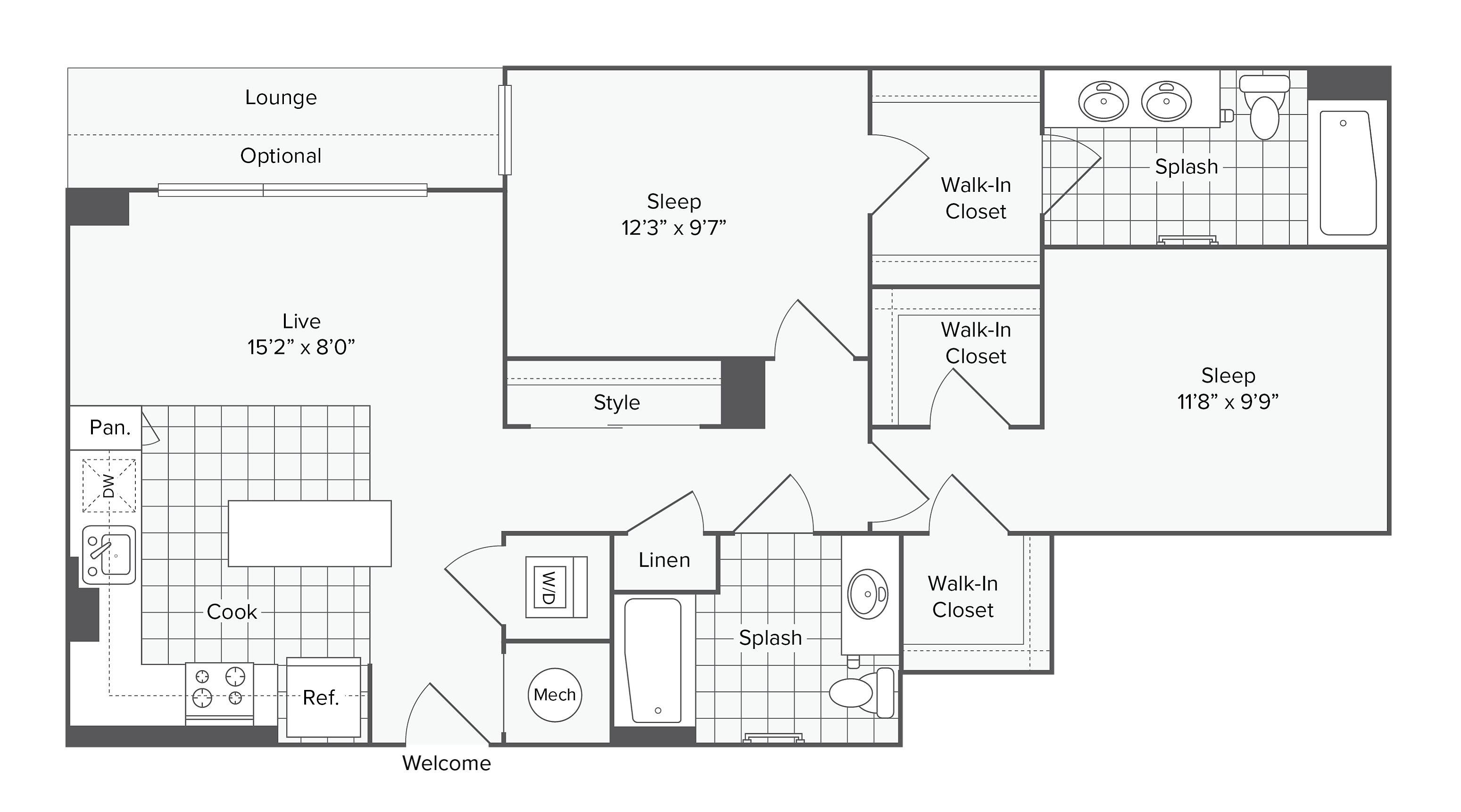 1 BR X 2 BA with Den floor plan