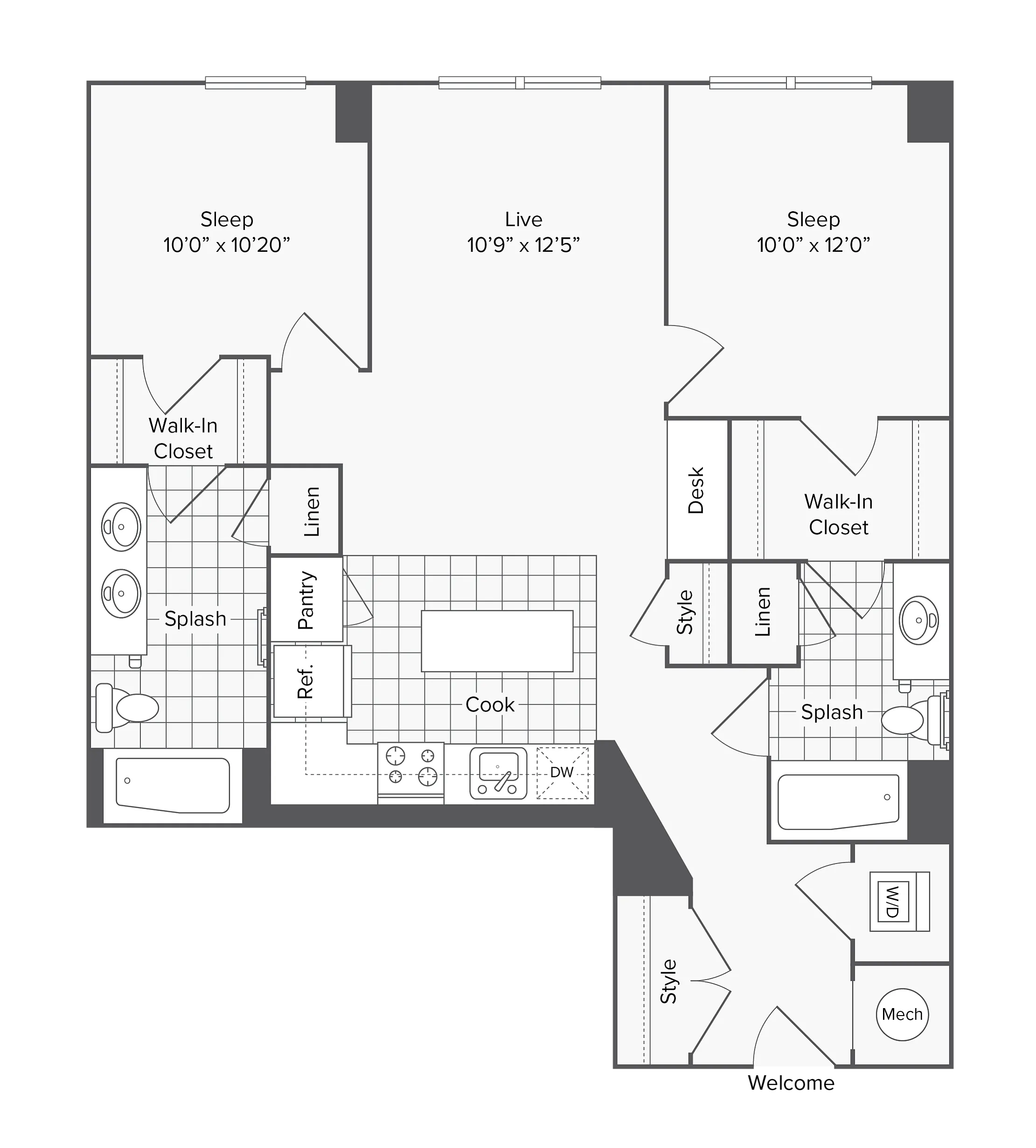 2 BR x 2 BA - H Floorplan
