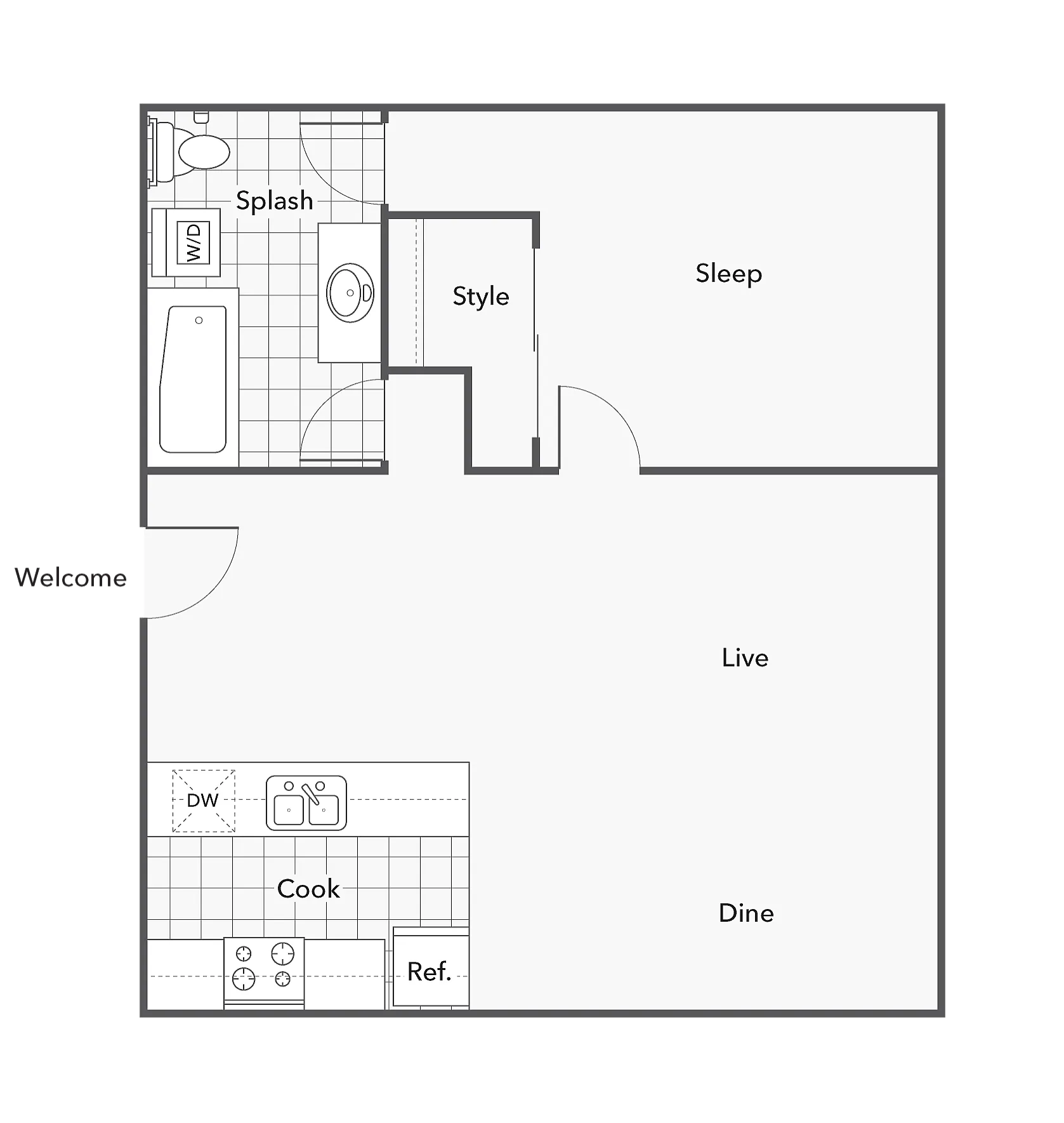 1 BR x 1 BA with Washer & Dryer floor plan