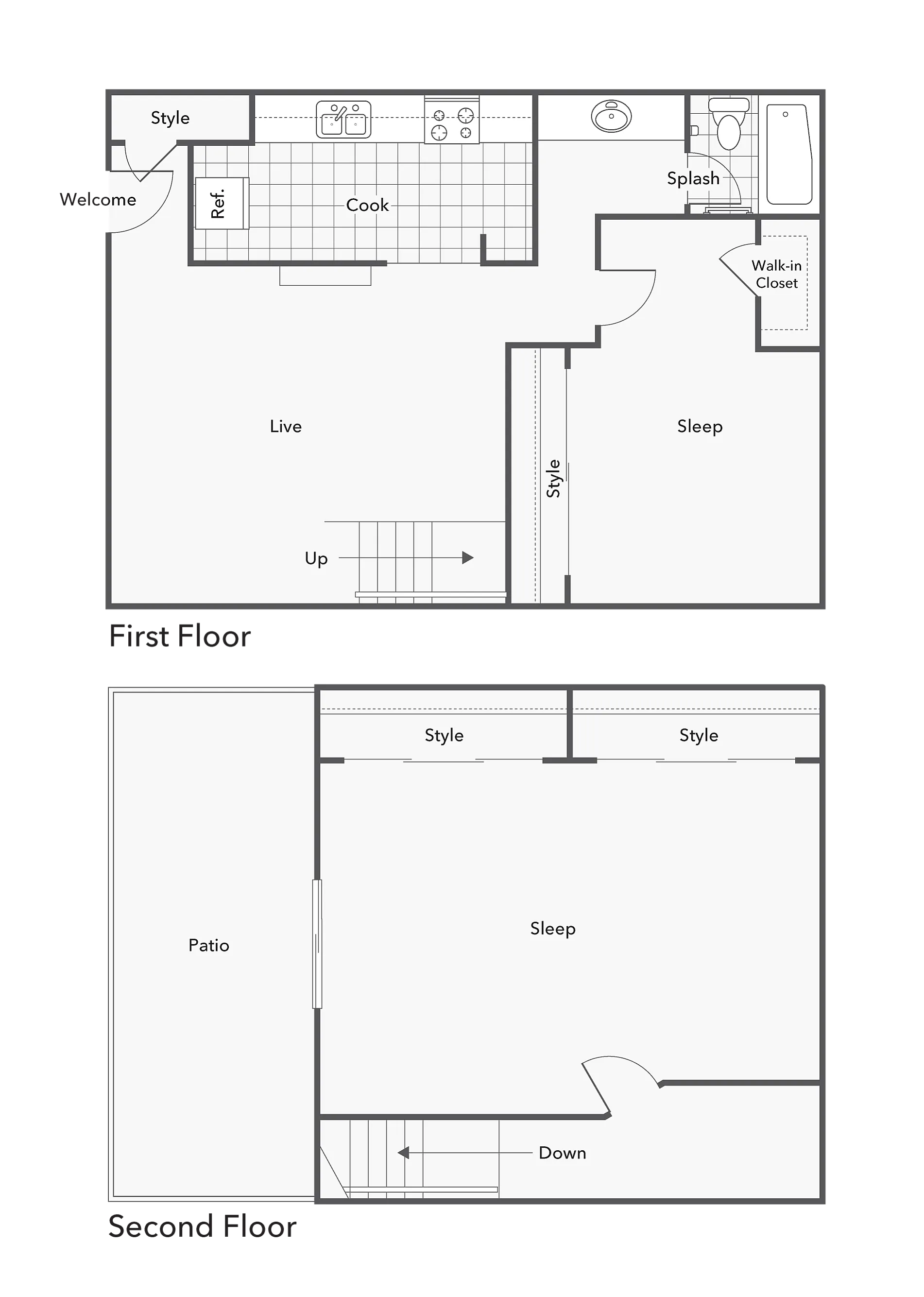 2 BR x 1 BA - Townhome floor plan