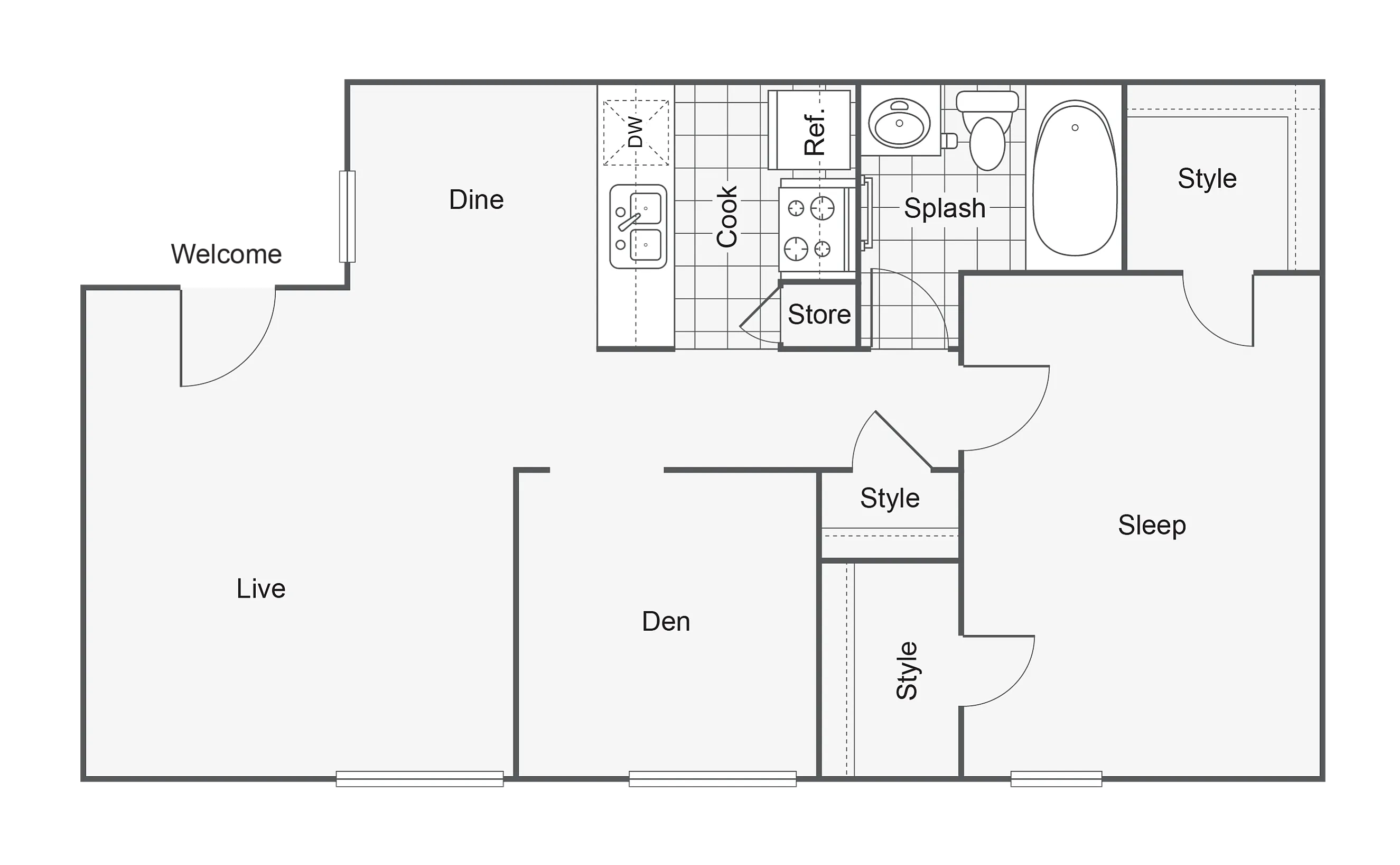 1 BR x 1 BA with Den - A floor plan