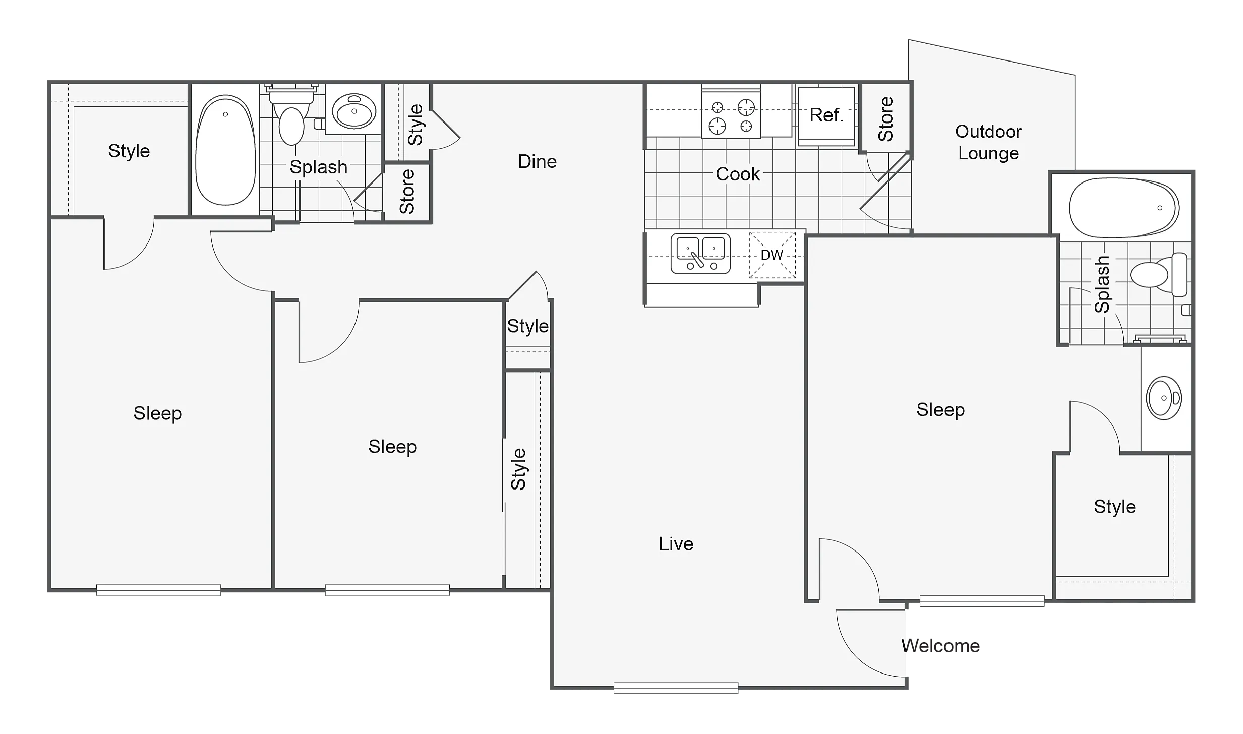 3 BR x 2 BA with Outdoor Lounge floor plan