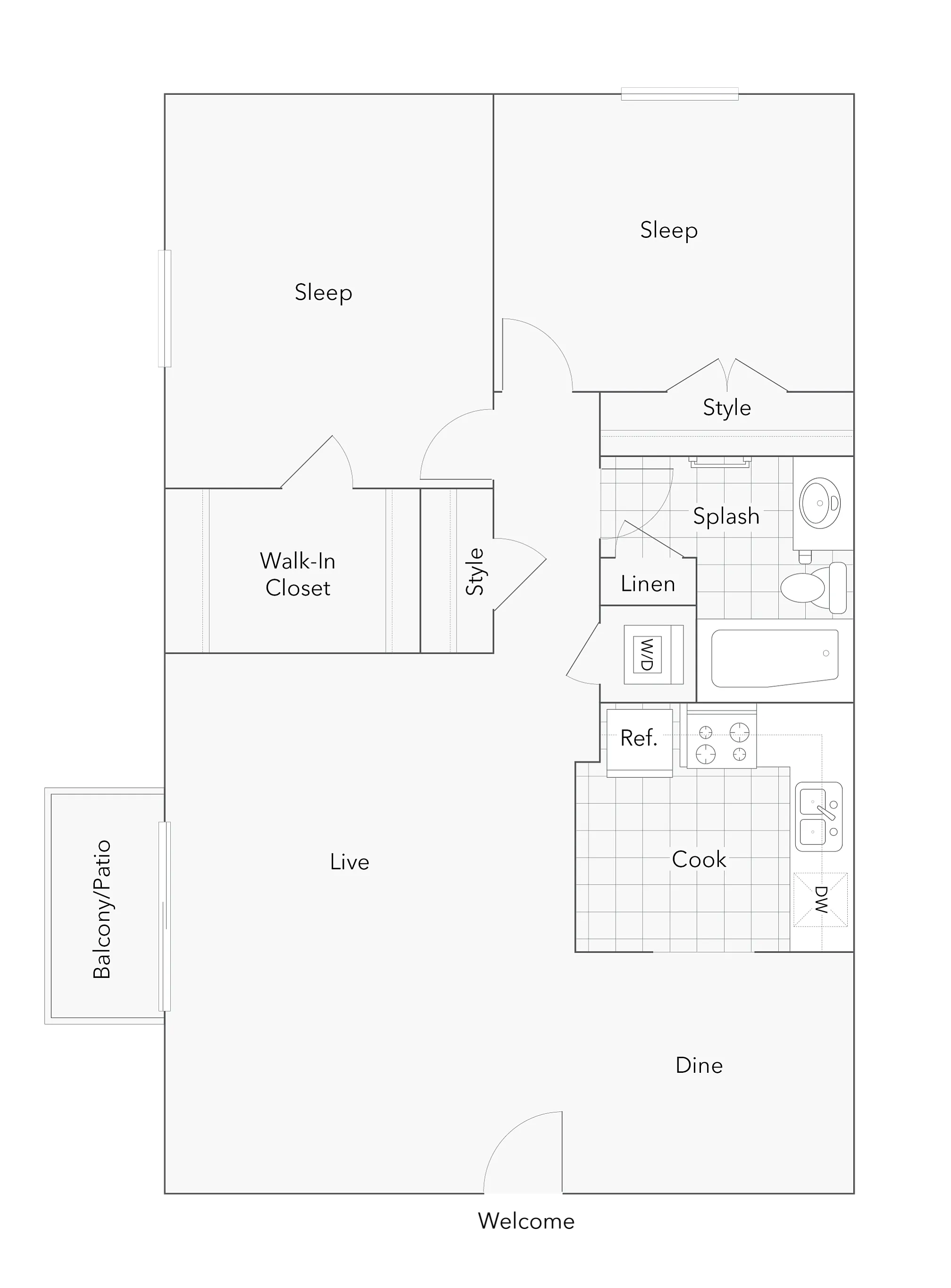 2 BR x 1 BA - A floor plan