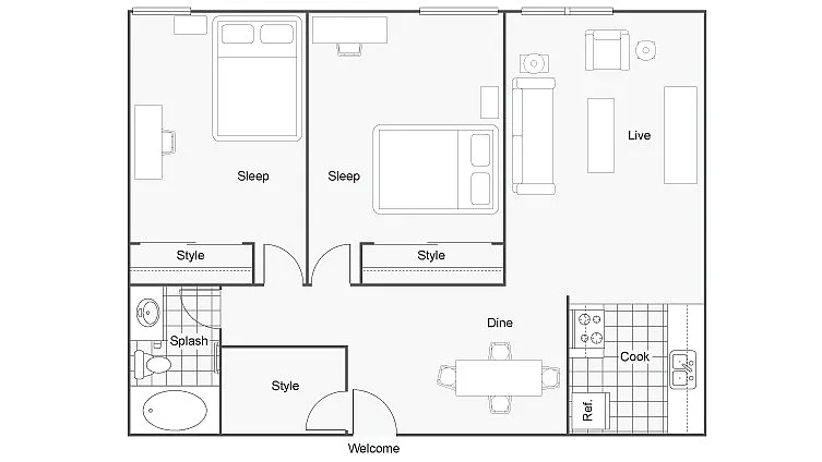 Modern 2D floor plan showcasing two bedrooms, a cozy living area, and a functional kitchen with versatile spaces.