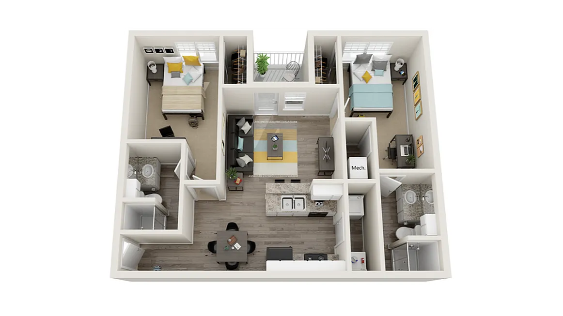 Modern 3D floor plan showcasing two bedrooms, a cozy living room, and a stylish kitchen with dining area.