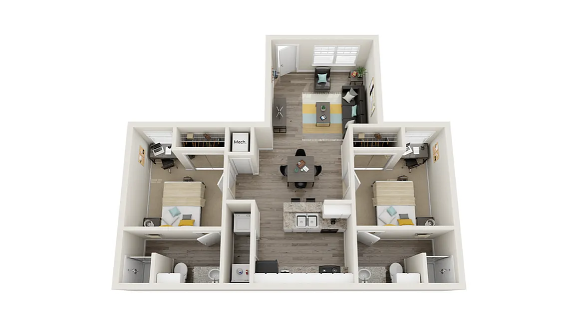 Chic 3D floor plan depicting two spacious bedrooms, an open living area, and a modern kitchen.