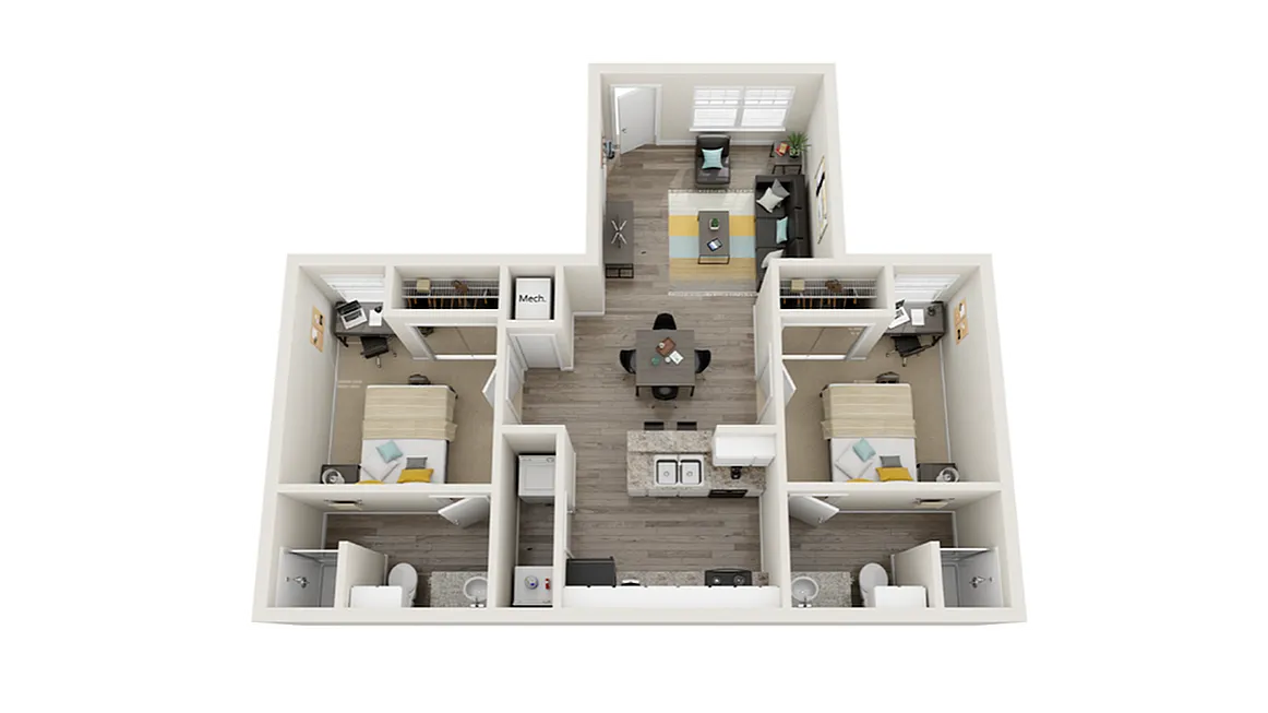 Contemporary 3D floor plan showcasing two bedrooms, open living area, and modern kitchen.
