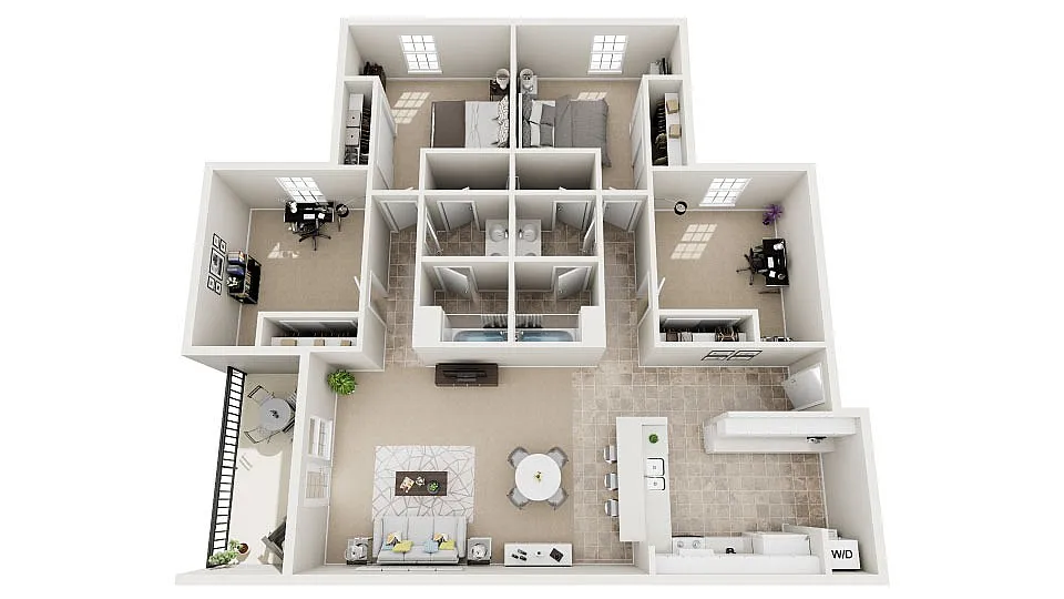 Elegant 3D floor plan showcasing 3 bedrooms, modern kitchen with island, open dining and living area, home office, and private balcony.