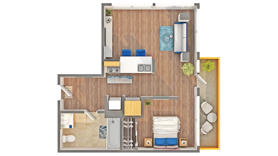 Charming open-concept floor plan showcasing a modern living area, stylish kitchen with island, cozy bedroom, and inviting outdoor patio.