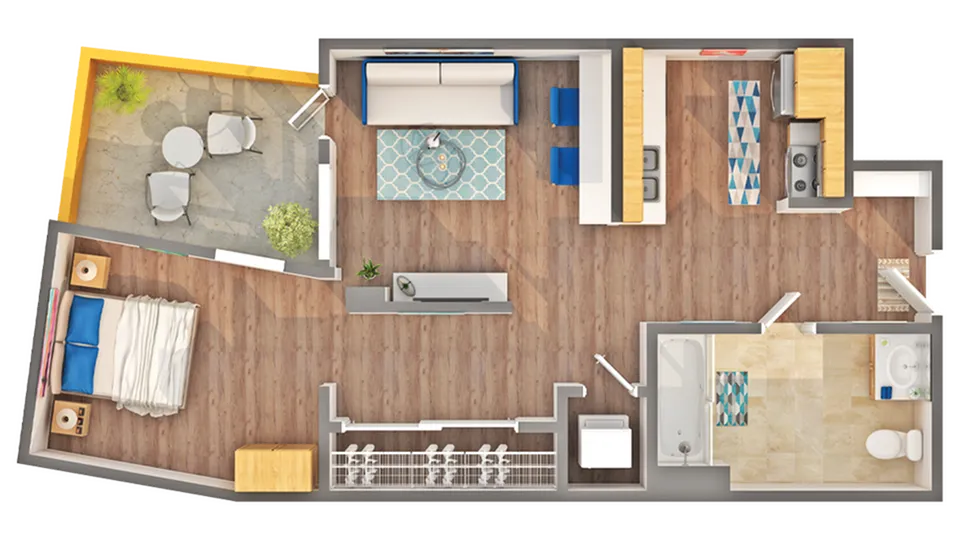 Charming floor plan showcasing 1 bedroom, stylish open kitchen, cozy living room, and private patio area.