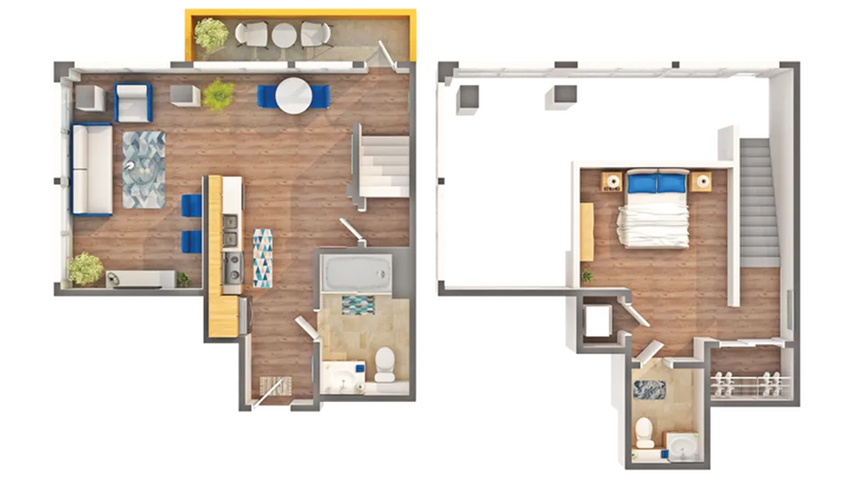 Modern 2-story floor plan showcasing an open-concept living room, sleek kitchen with breakfast bar, and cozy bedroom with en-suite bathroom.