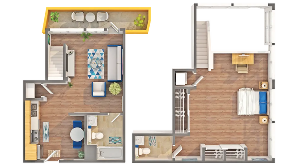 Elegant two-story floor plan featuring a spacious living area, modern kitchen, cozy bedroom, and charming balcony with outdoor seating.