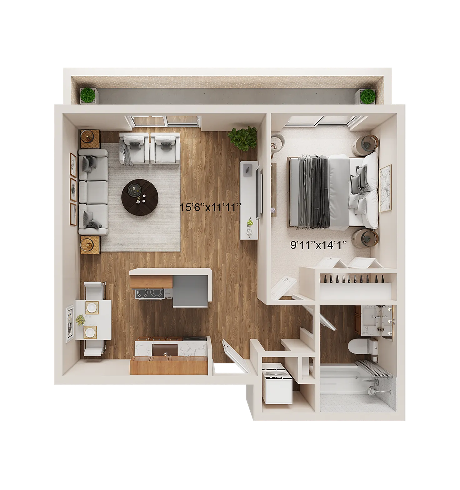 1 BR x 1 BA with Washer/Dryer Floorplan - Classic