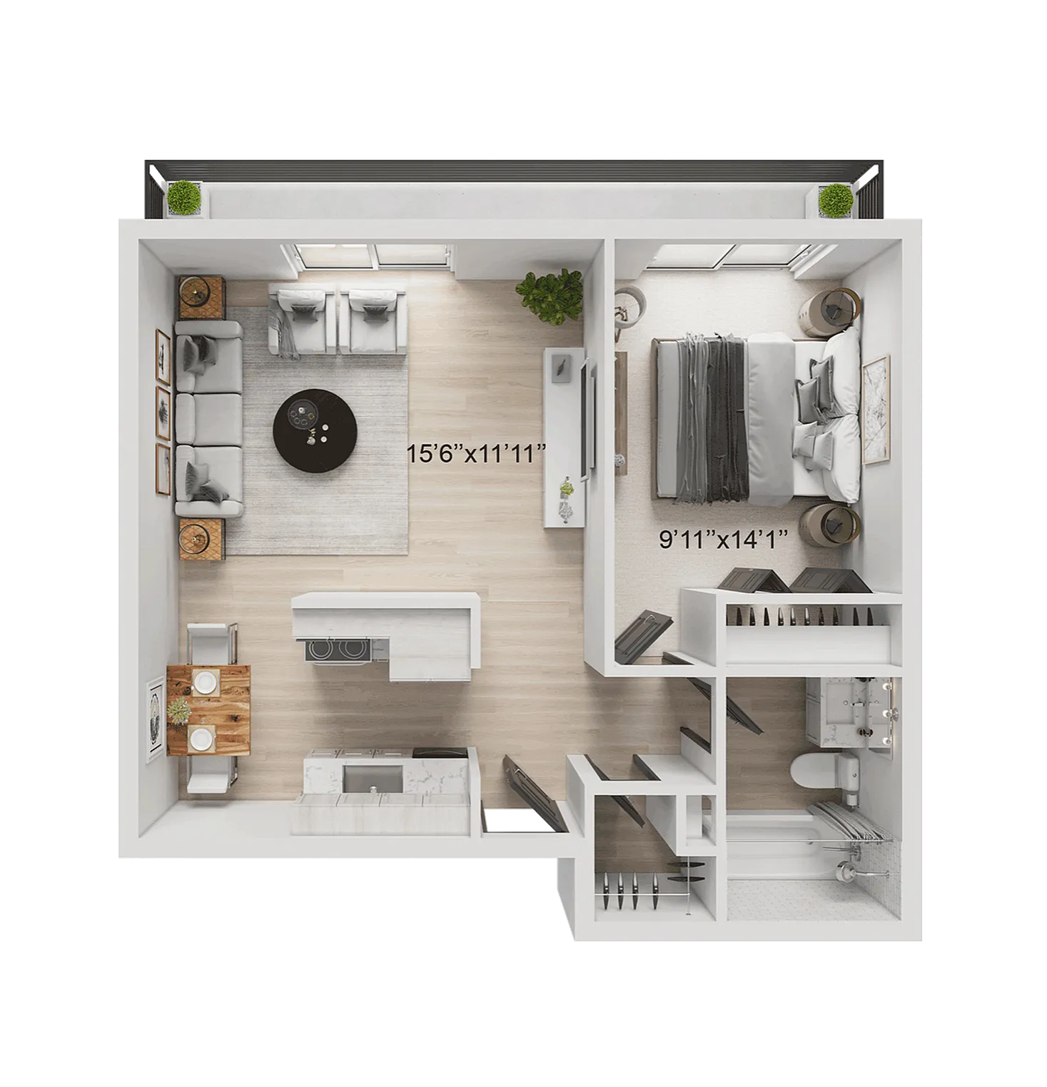 1 BR x 1 BA with Washer/Dryer Floorplan - Renovated