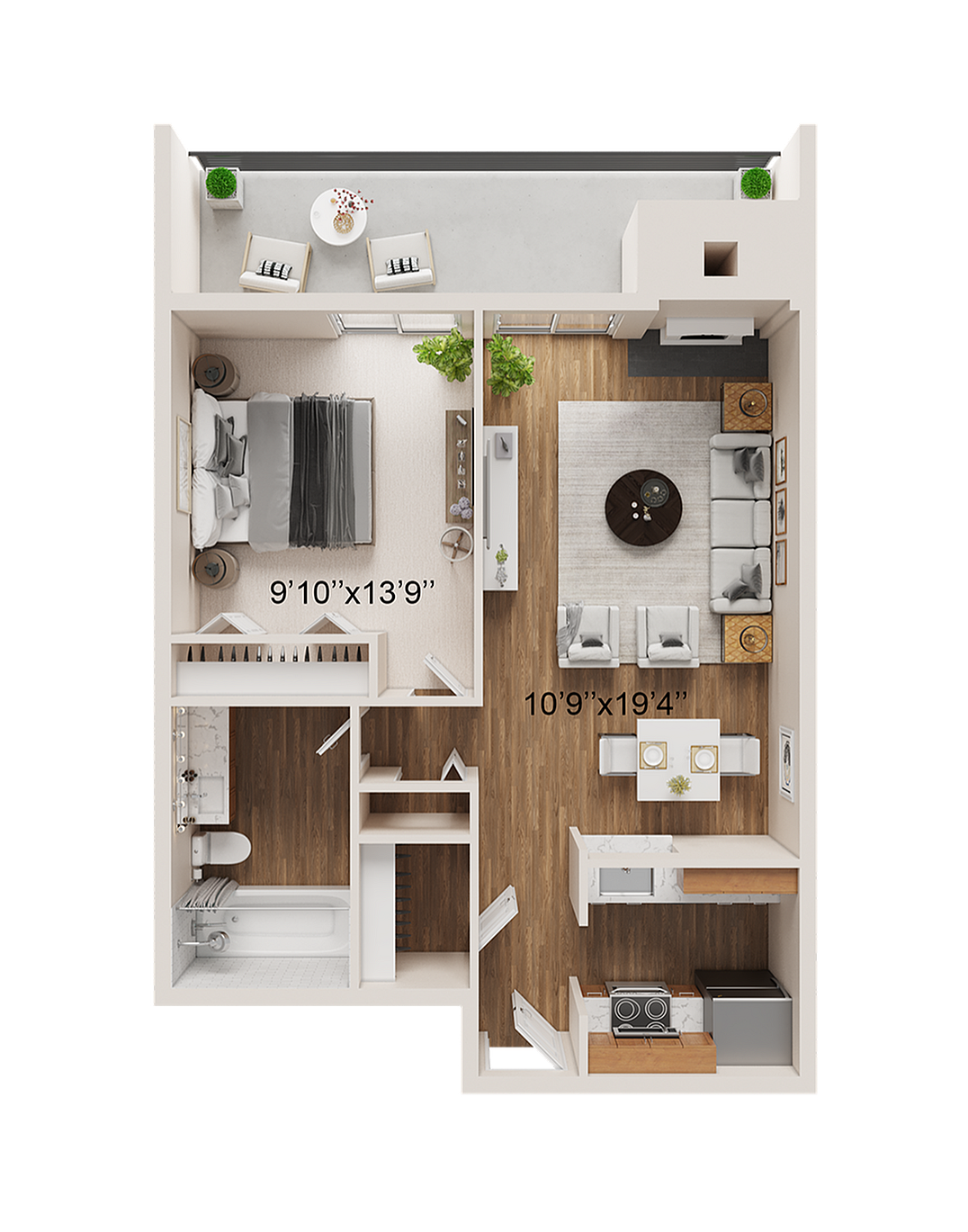 1 BR x 1 BA - Tower Floorplan - Classic
