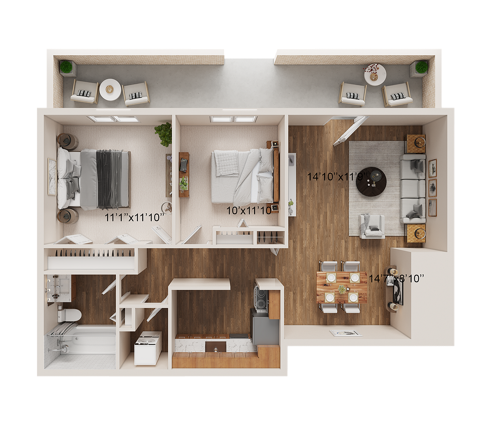 2 BR x 1 BA with Washer/Dryer Floorplan - Classic