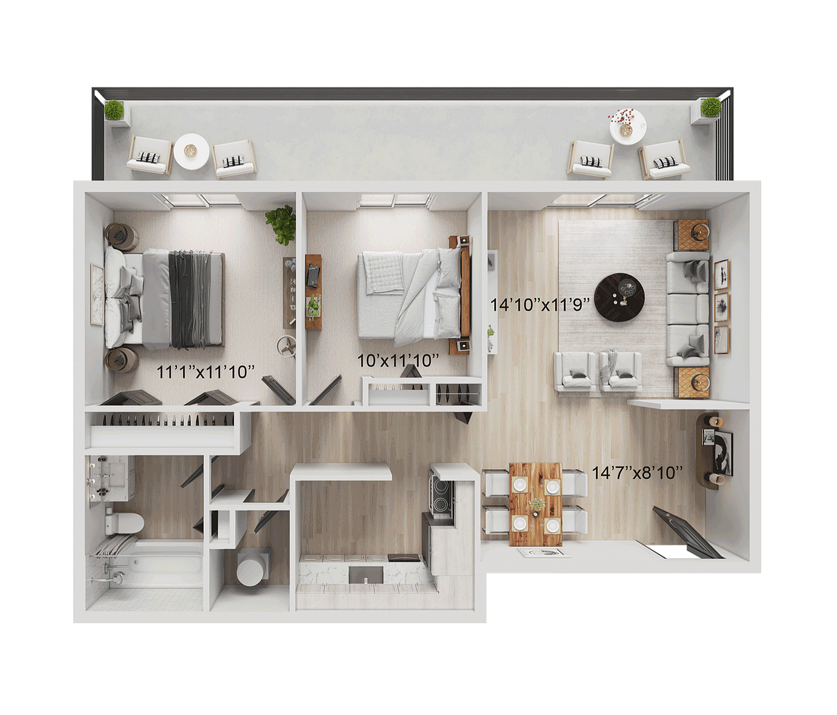 2 BR x 1 BA with Washer/Dryer Floorplan - Renovated