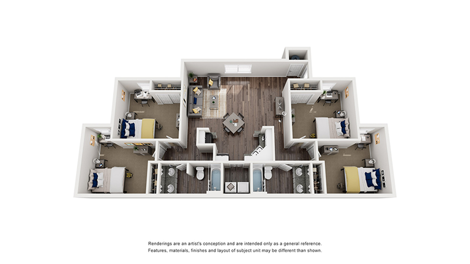 Modern 3D floor plan showcasing three spacious bedrooms, an inviting living area, and contemporary kitchen with hardwood flooring.