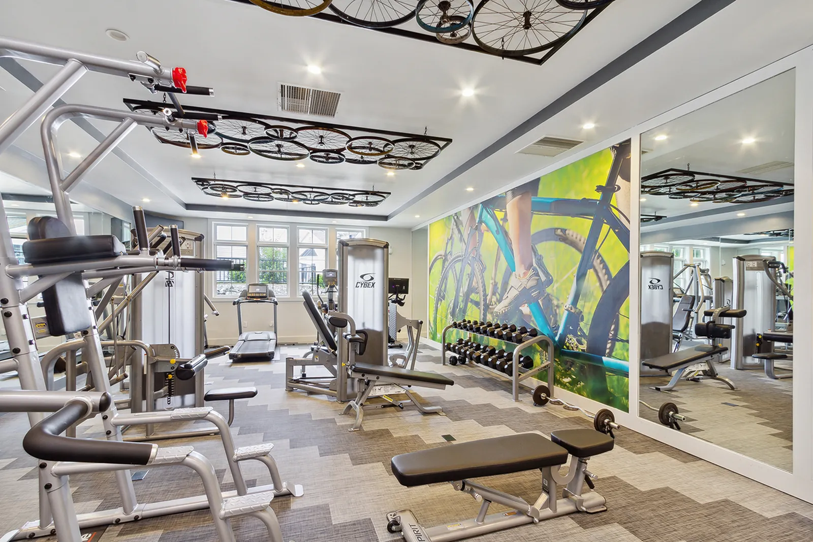 Luxurious apartment gym with modern fitness equipment, vibrant cycling-themed wall art, and bicycle wheel decor, creating an inspiring workout environment.