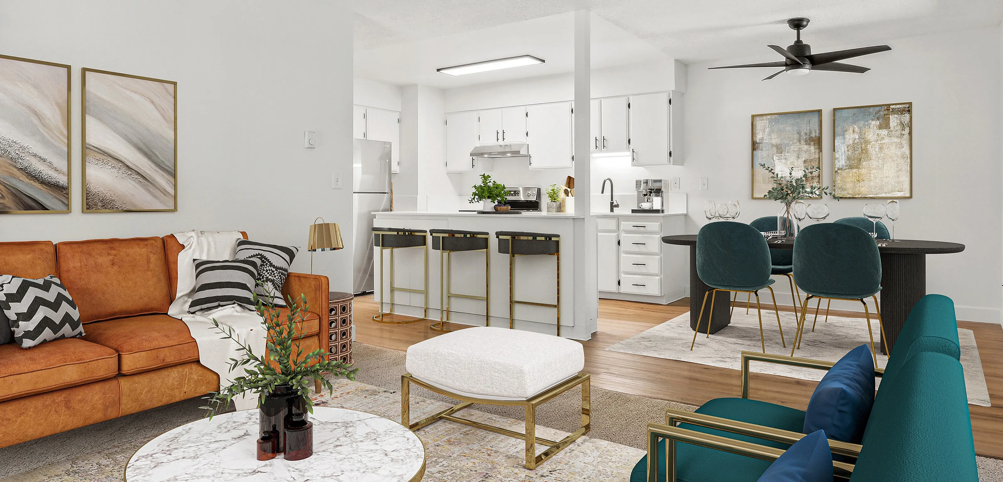 Chic open-plan living room with a modern kitchen, featuring a stylish sofa and dining set.