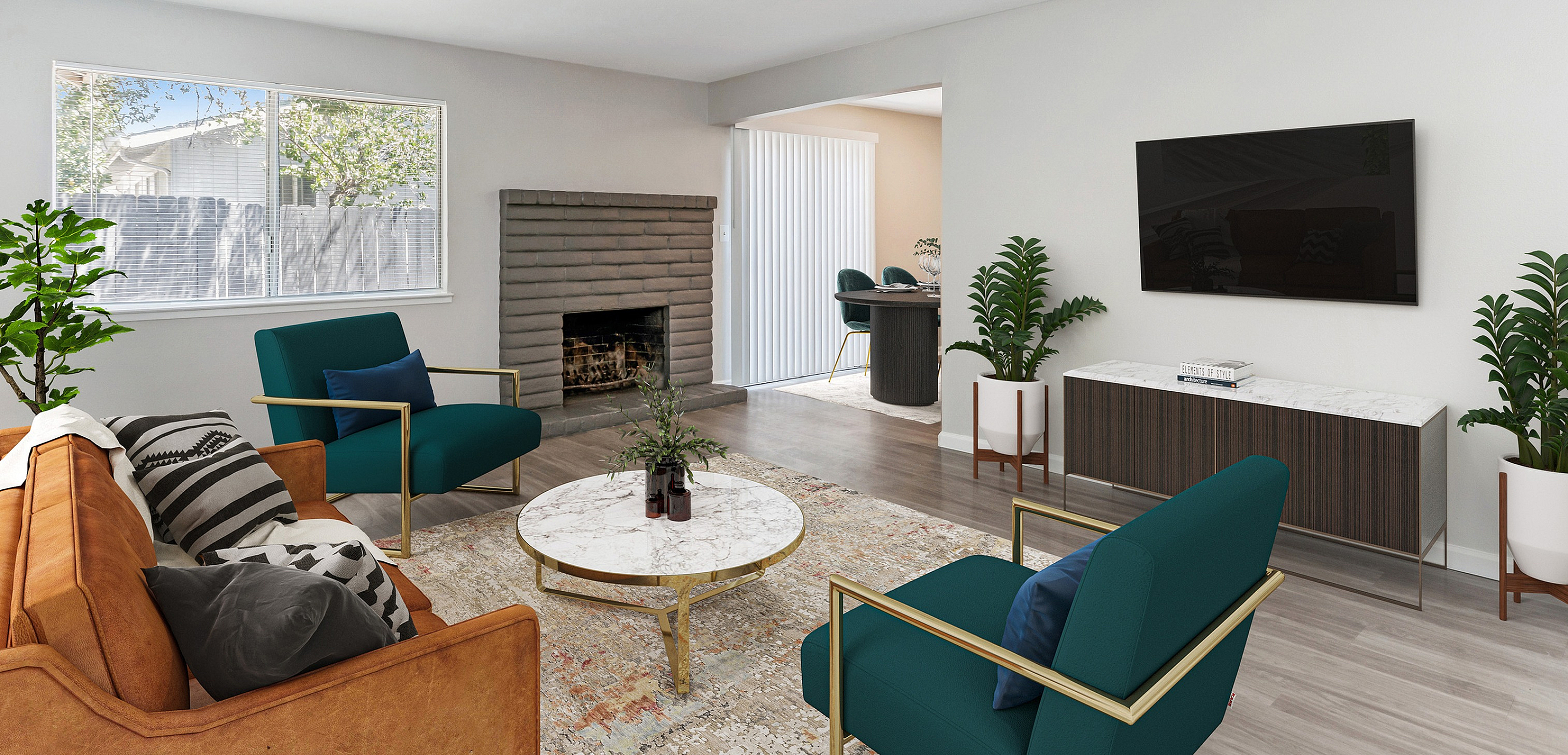 Modern living room with stylish furniture, featuring a cozy fireplace, large window, and elegant decor.