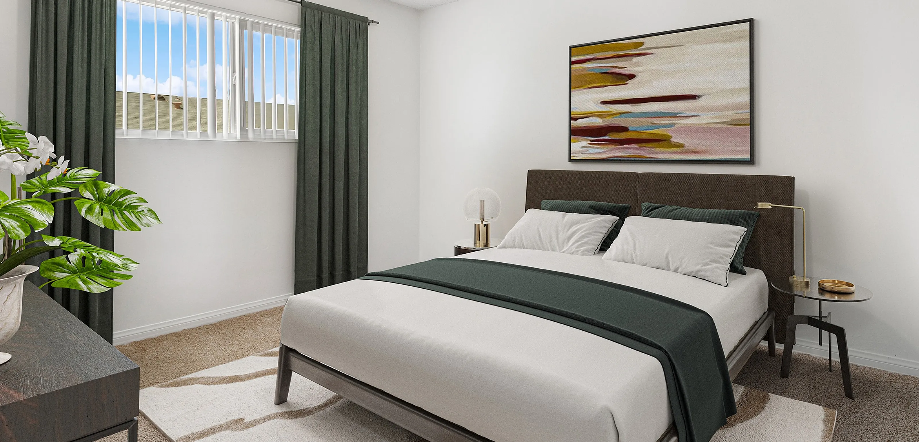 Elegant bedroom featuring a cozy double bed with modern decor, plush carpeting, and a large window draped with green curtains for natural light.