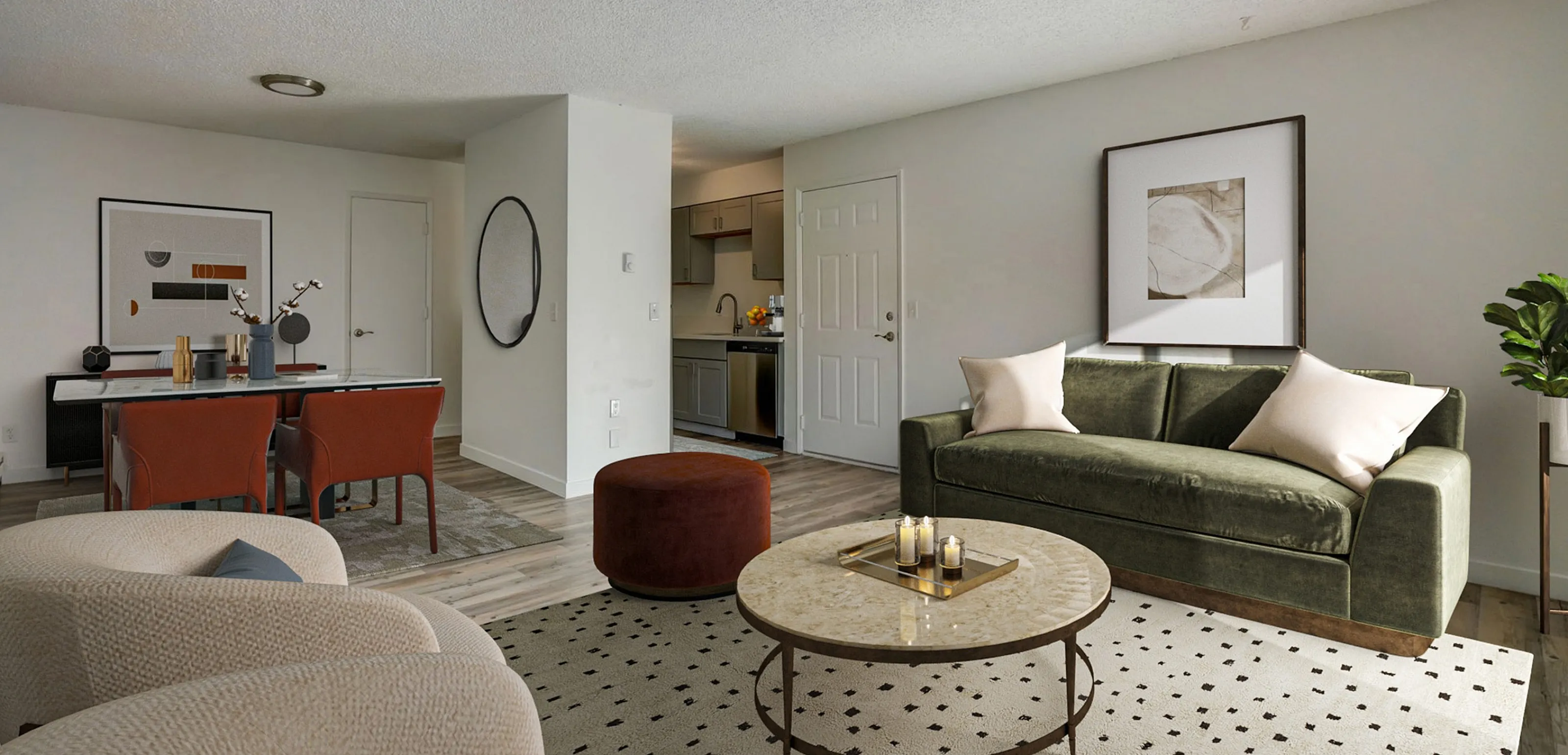 Modern living room with stylish furnishings, featuring a green sofa, round marble coffee table, and an inviting dining area with contemporary art and decor.
