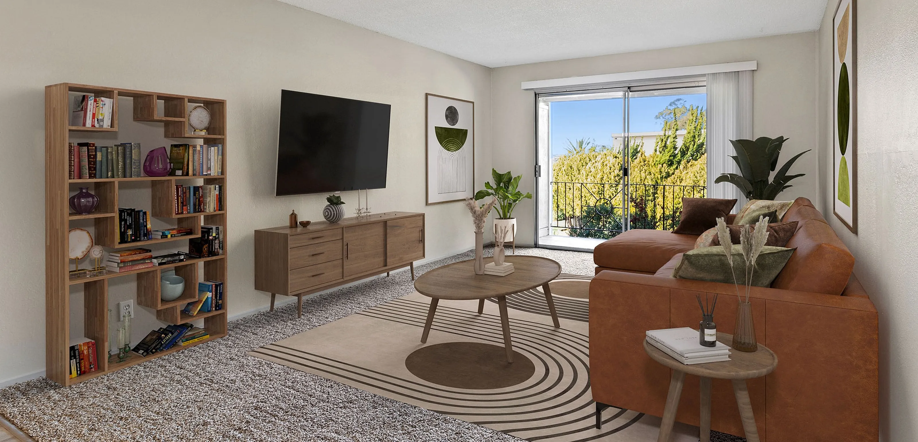 Bright and inviting living room with contemporary decor, cozy brown sofa, elegant wooden furniture, and sliding glass doors leading to a lush garden view.