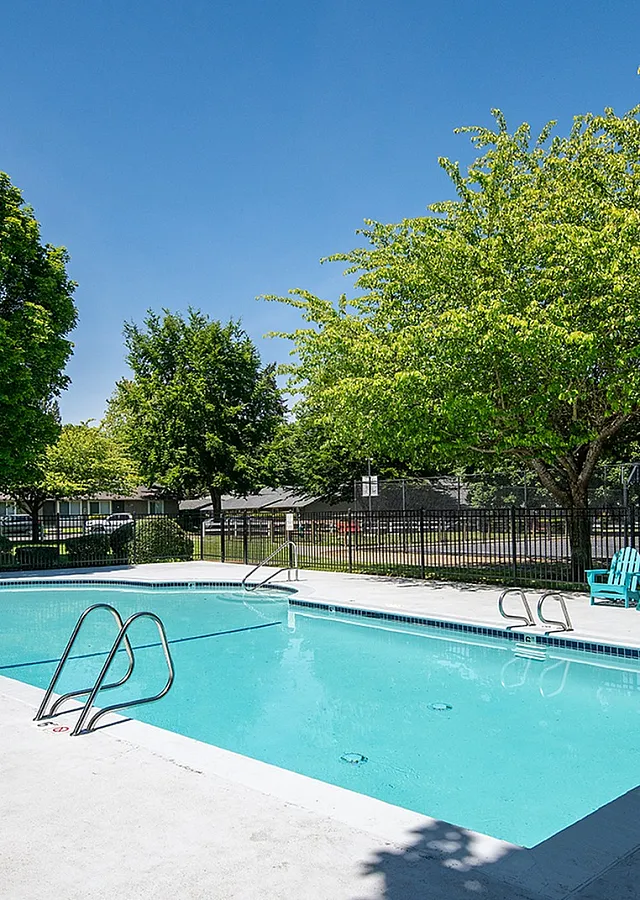 Inviting outdoor swimming pool surrounded by lush greenery and comfortable seating, perfect for relaxation and leisure.