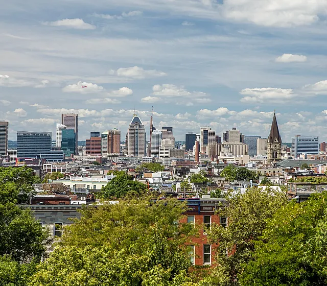 Breathtaking urban skyline view showcasing modern skyscrapers, historic buildings, and lush greenery under a vibrant blue sky.