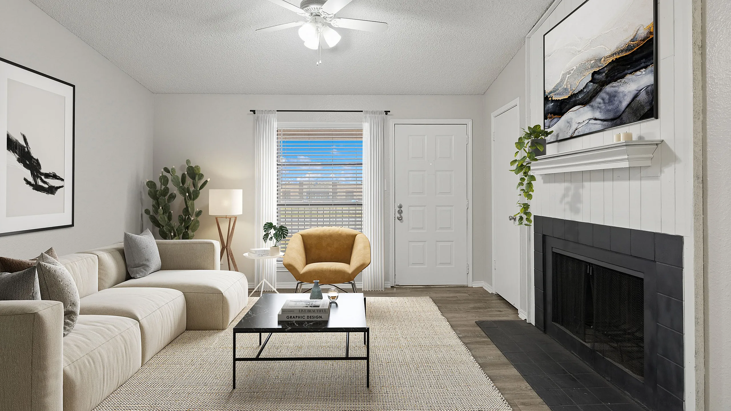 Inviting living room with a cozy beige sofa, stylish artwork, and a warm fireplace, accented by natural light and modern decor.