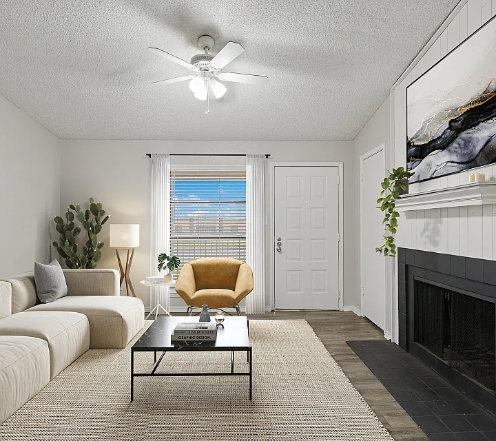Modern living room with a cozy beige sectional sofa, stylish abstract artwork, and a bright window view.