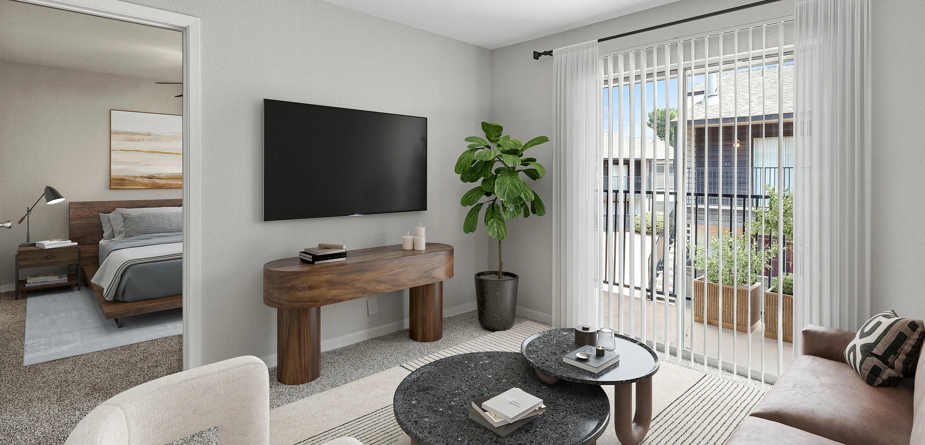 Modern living room with sleek TV setup, comfortable seating, and abundant natural light from large windows, blending seamlessly into a cozy bedroom space.