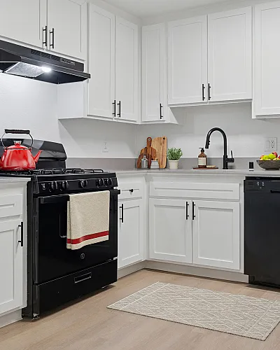 Modern kitchen with sleek black appliances, white cabinetry, and stylish accents, offering a sophisticated and functional cooking space.