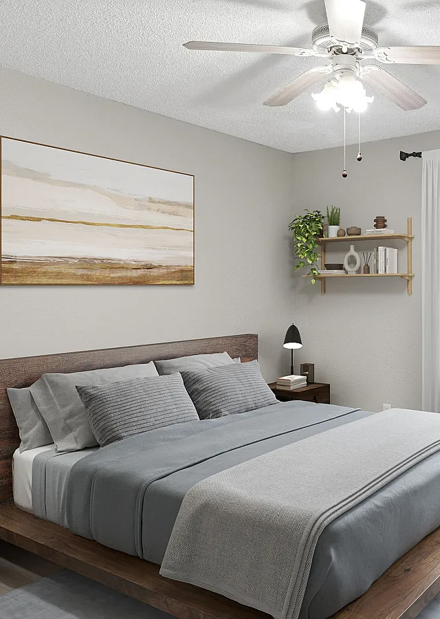 Inviting bedroom at ReNew Holiday Hill with modern decor, cozy bed, and large sunlit window with elegant curtains.