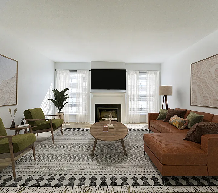 Elegant ReNew  on Cantrell living room with cozy brown sectional sofa, stylish green chairs, and a modern fireplace under a mounted TV, perfect for relaxation and entertainment.
