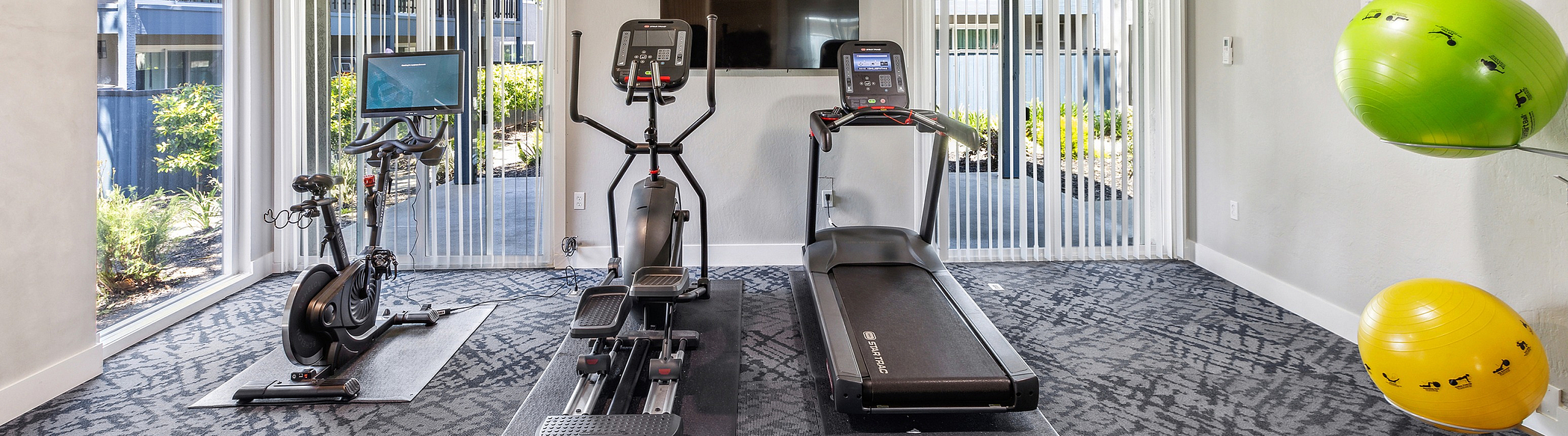 Modern fitness center at ReNew Berryessa featuring state-of-the-art equipment, natural light, and stylish decor for an invigorating workout experience.