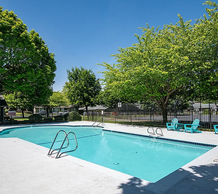 Tranquil outdoor pool area with crystal clear water, surrounded by lush trees and comfortable seating, offering a perfect escape.