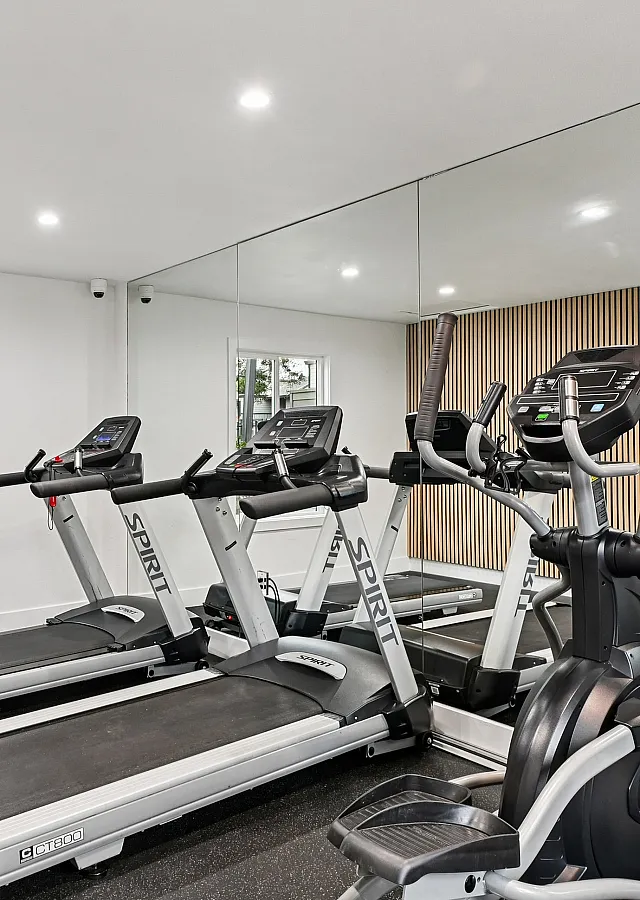 Modern fitness room with treadmills and elliptical machines, featuring a bright window and sleek mirrored wall design.