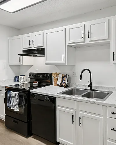 Modern kitchen with sleek white cabinetry, marble countertops, and black appliances in a cozy open layout.