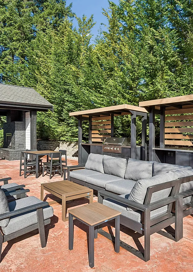 Charming outdoor patio with stylish seating, modern grilling station, and lush greenery backdrop, perfect for entertaining.