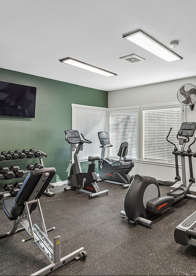 Modern fitness center with state-of-the-art treadmills, stationary bikes, and a versatile weight rack in a well-lit, inviting space.