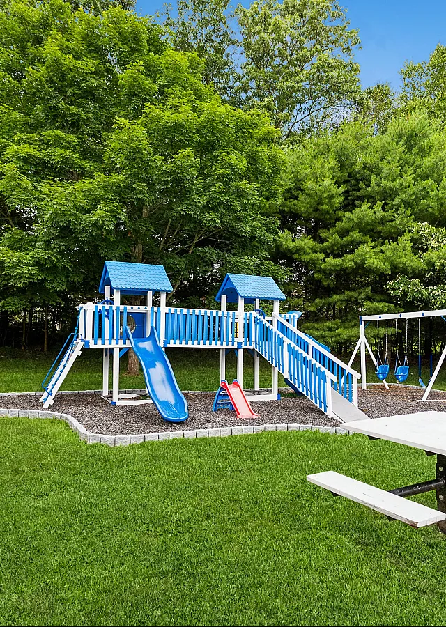 Charming outdoor playground with vibrant blue and white slides, swings, and climbing structures surrounded by lush greenery.