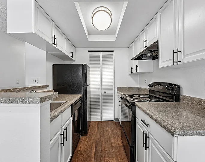 Sleek modern kitchen with elegant white cabinetry, spacious countertops, and dark appliances, complemented by rich wooden flooring and a stylish overhead light.