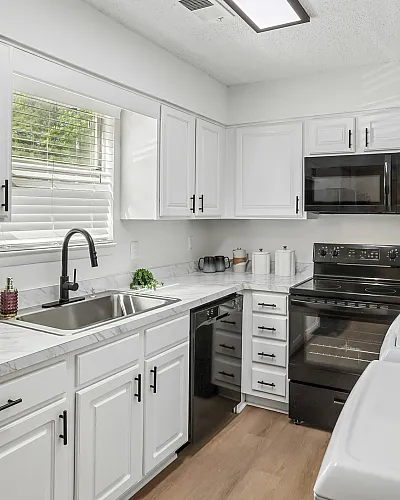 Modern kitchen with sleek white cabinetry, stainless steel sink, and black appliances, bathed in natural light.