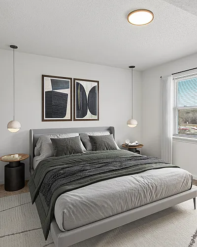 Bright and cozy bedroom with modern decor, large window with scenic view, and elegant bedside lighting.