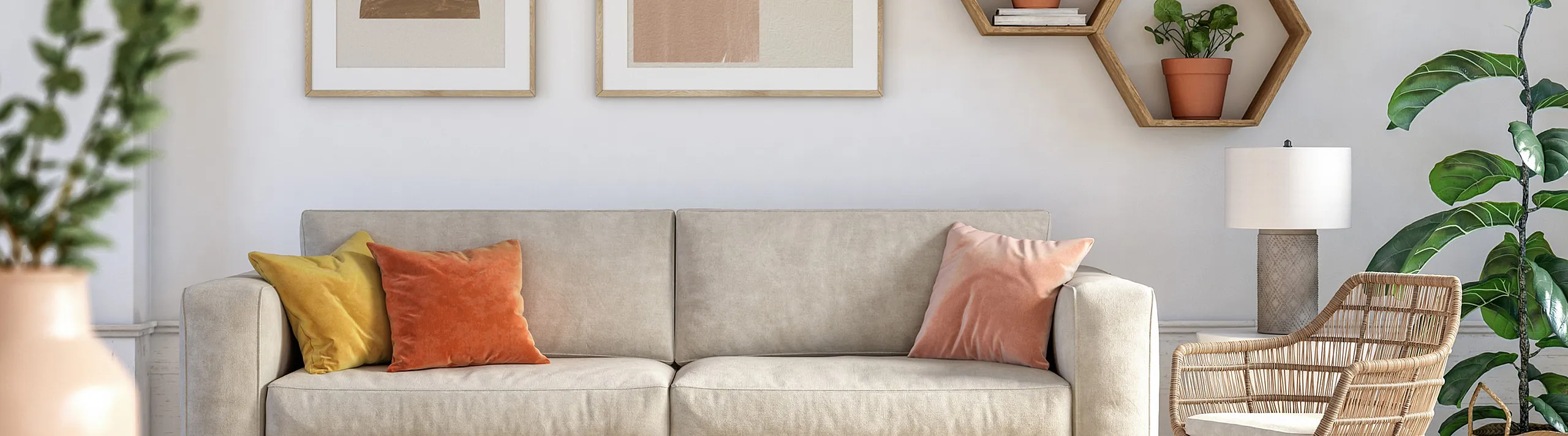 Modern living room with a cozy beige sofa, vibrant throw pillows, and stylish hexagonal wall shelves with plants.