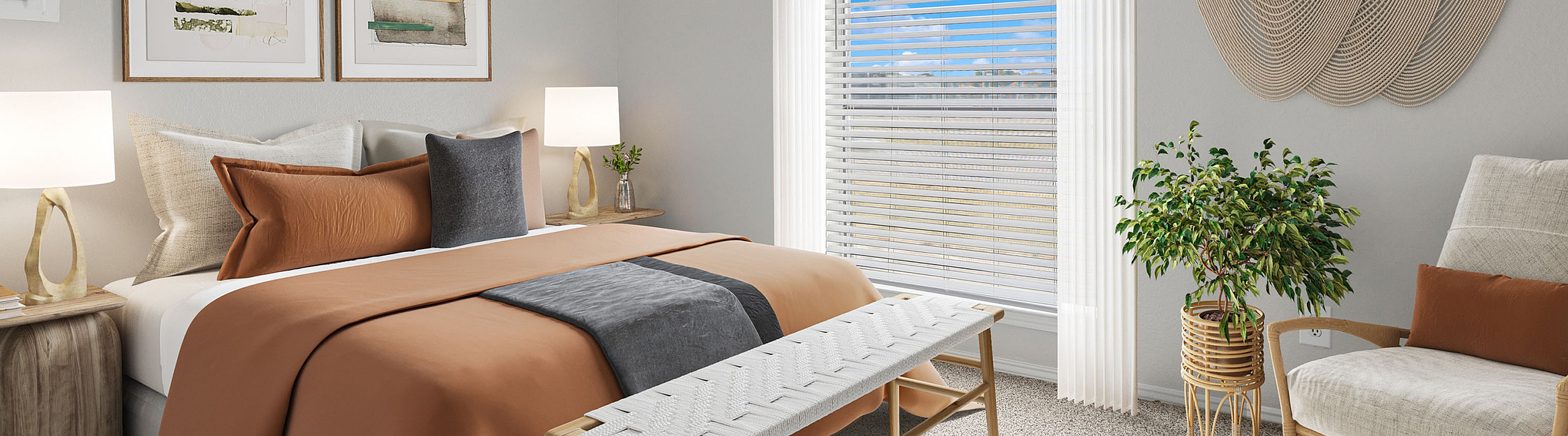 Inviting bedroom with modern decor, featuring a cozy bed with stylish cushions, elegant artwork, and a sunny window with view.