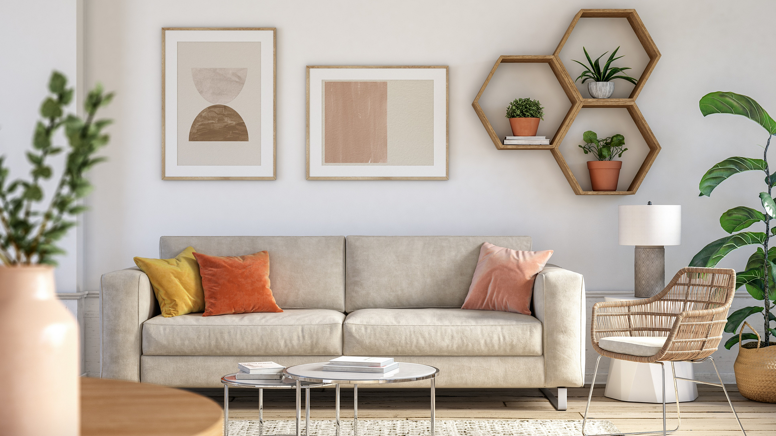 Modern living room with cozy beige sofa, colorful cushions, and stylish wall art, enhanced by lush green plants and unique hexagonal shelves.